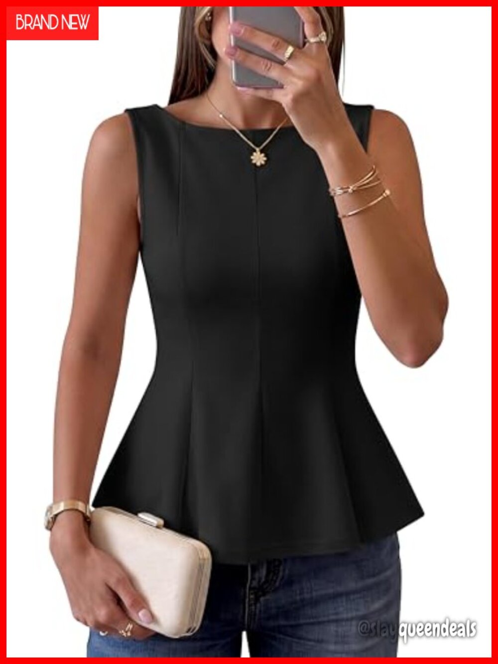 Women's Sleeveless Peplum Top Business Casual Slim Fit Boat Neck Tank Top